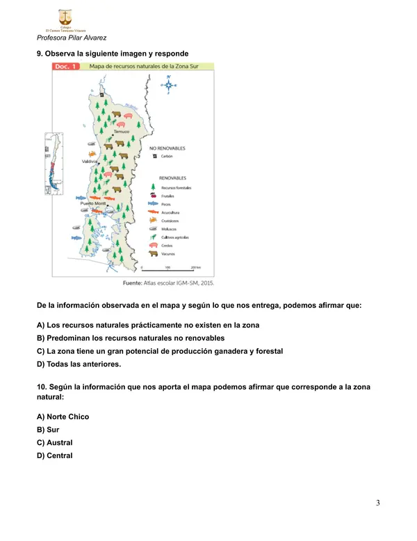 Prueba 5to básico Ciencias Sociales Zonas de Chile
