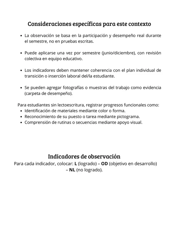 Pauta de observación semestral – Talleres Laborales