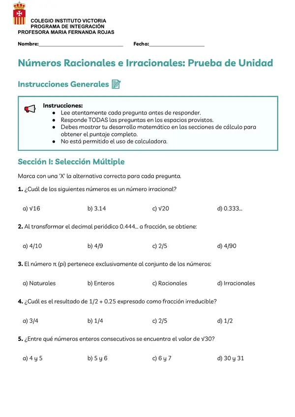 taller de numeros racionales e irracionales