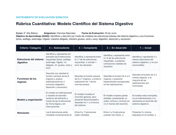 rubrica modelo del sistema digestivo 