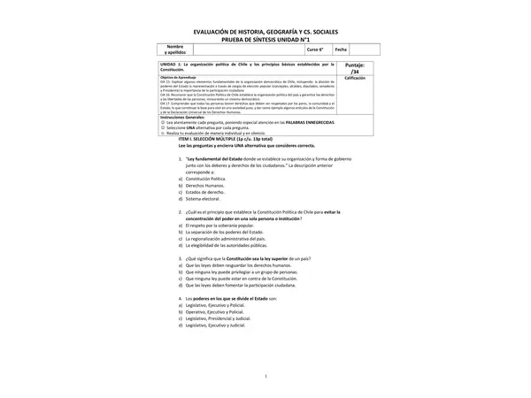  Evaluación de historia. 6° básico unidad 1 "Organización política de Chile" 