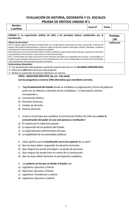  Evaluación de historia. 6° básico unidad 1 "Organización política de Chile" 