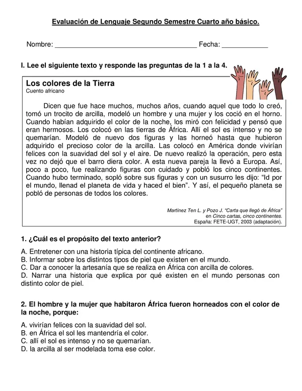 Evaluación de lenguaje, segundo semestre, tipo SIMCE, 2°año básico.