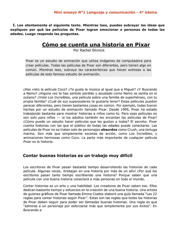 Mini ensayo n°1. SIMCE 4° BÁSICO - Lenguaje y comunicación