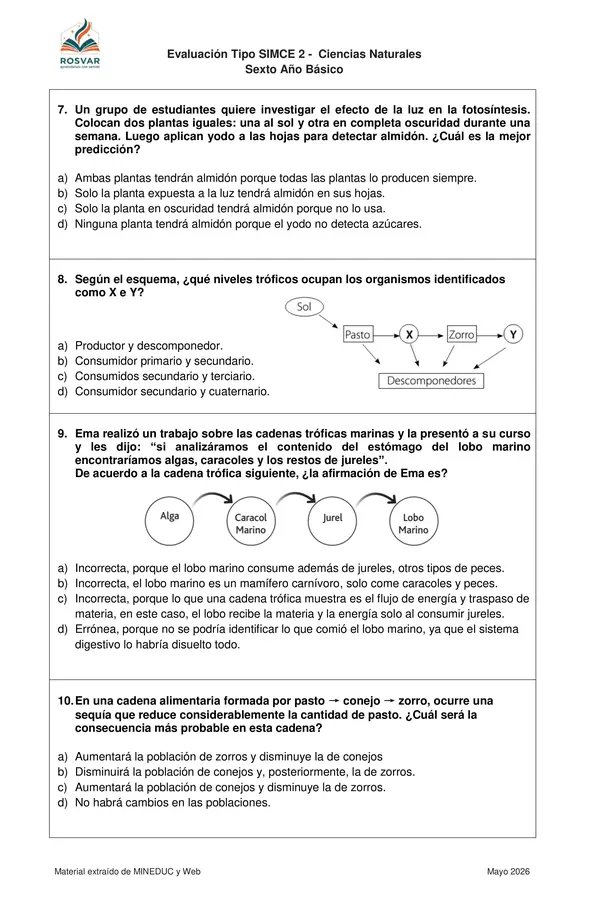 Ensayo Tipo SIMCE 6° Ciencias Naturales n° 2. 