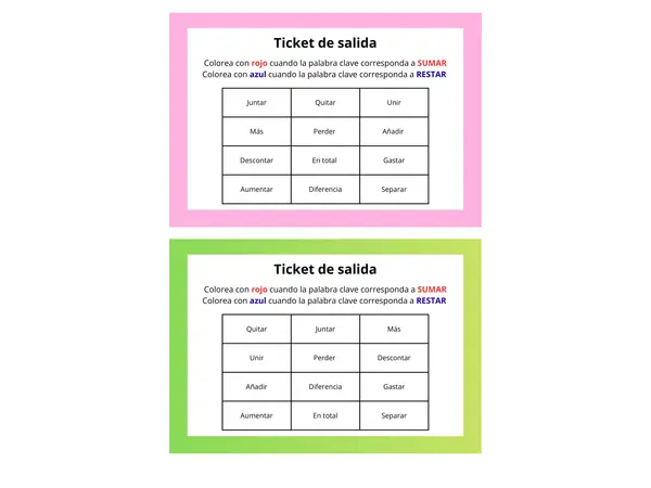Ticket de salida palabras claves suma y resta 