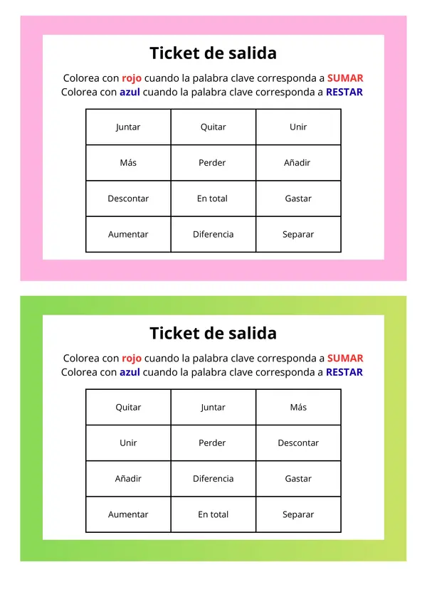 Ticket de salida palabras claves suma y resta 