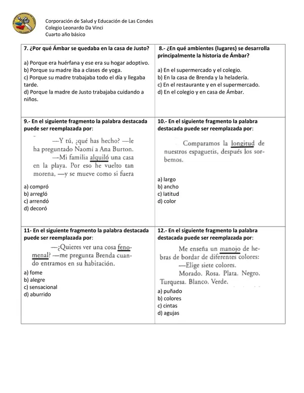 Prueba lectura complementaria "Ámbar en cuarto y sin su amigo" autora: Paula Dazinger