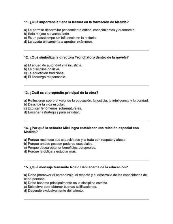 Prueba del libro "Matilda" (Roal Dahl) 5° básico
