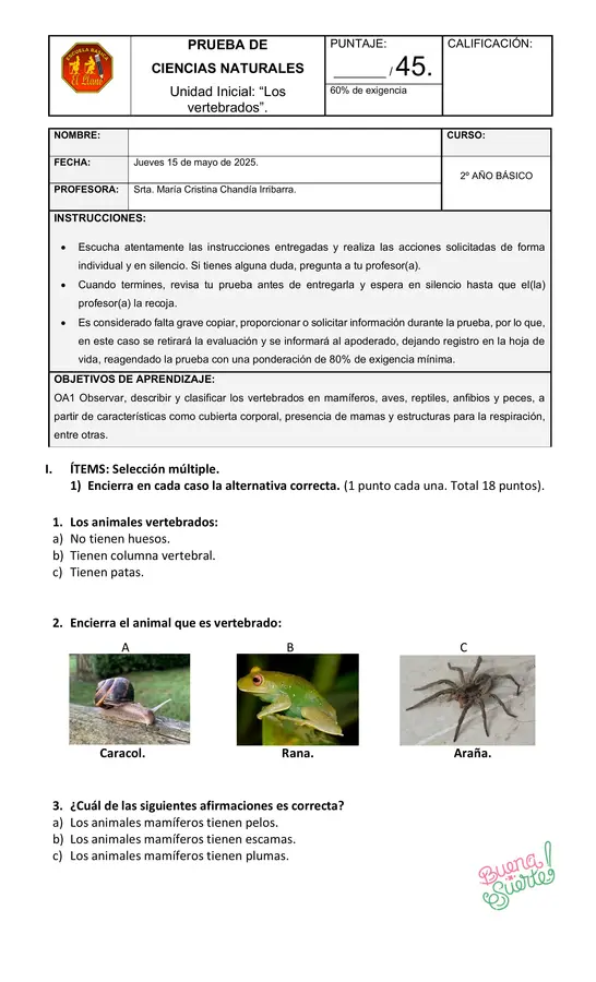 Prueba de Ciencias Naturales 2° básico, tema: "Vertebrados"
