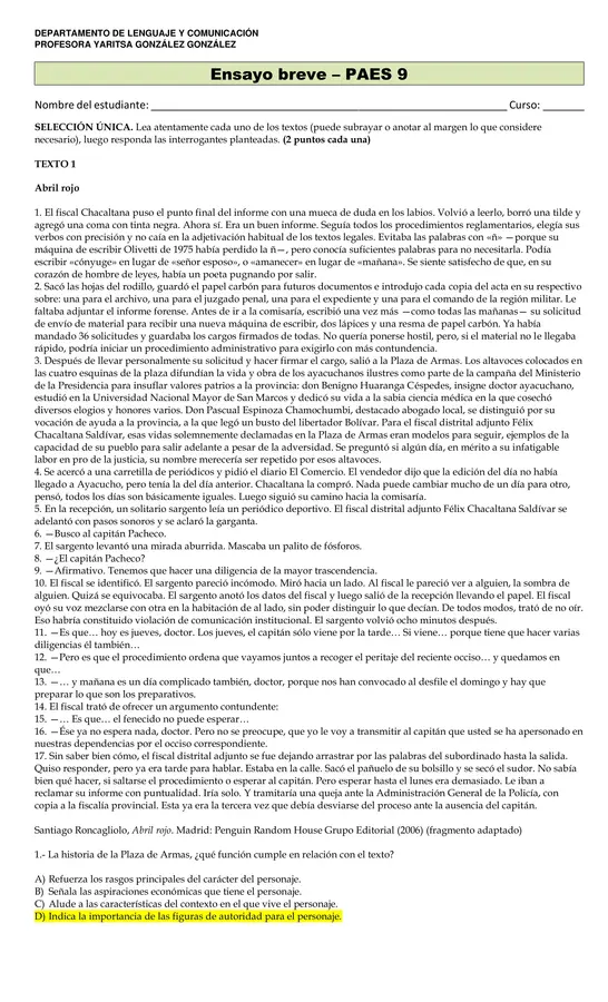 Evaluación de comprensión lectora PAES 9 (Incluye PAUTA)