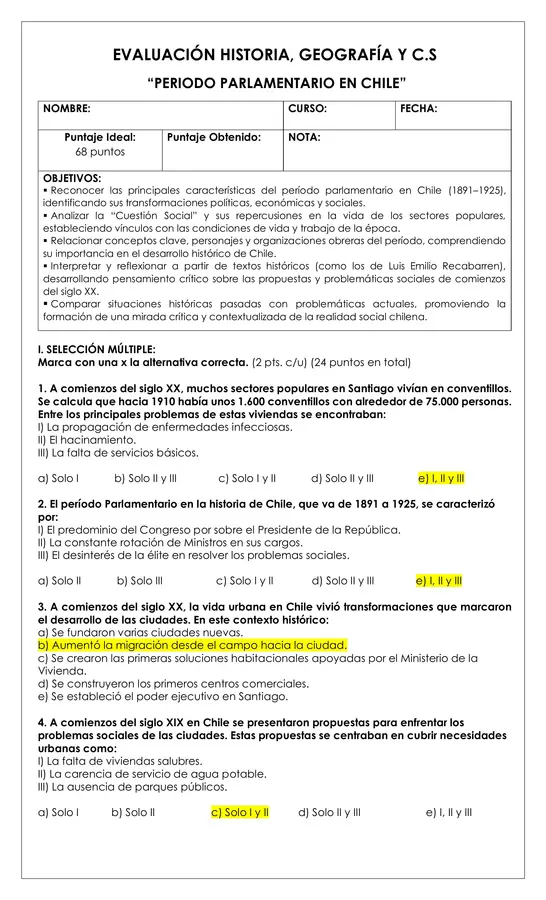 Prueba Historia - Periodo parlamentario en Chile