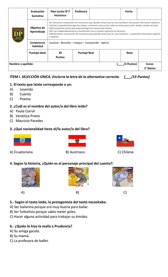 EVALUACIÓN PLAN LECTOR: PRUDENCIA