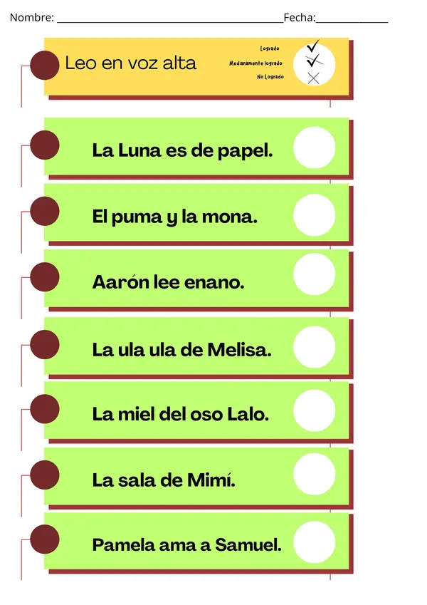 Control de lectura de oraciones en voz alta" Primero Básico  letras m,s,l,p,d y n