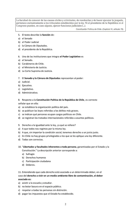  Evaluación de historia. 6° básico unidad 1 "Organización política de Chile" 