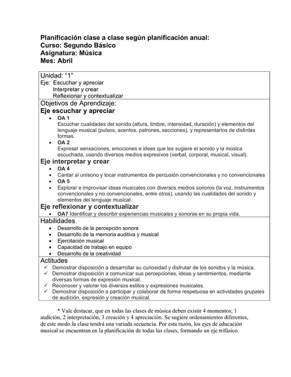 Planificación Clase a Clase: Abril | Música Segundo Básico