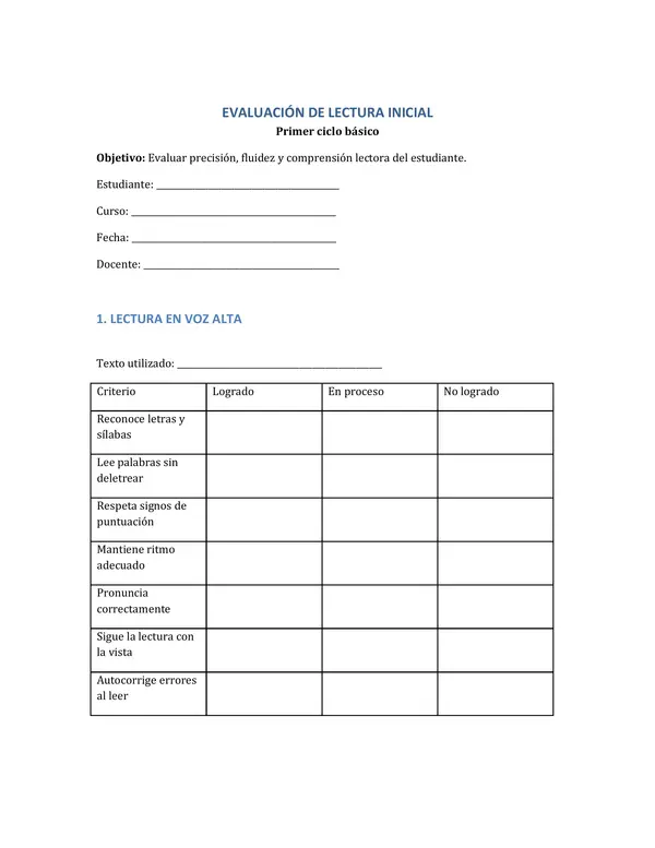 Pauta de evaluación de lectura inicial