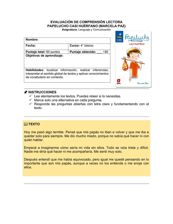 Prueba del libro "Papelucho casi huérfano" (Marcela Paz)
