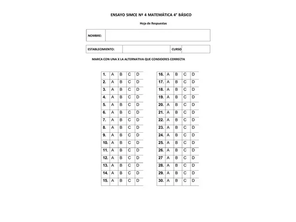 ENSAYO SIMCE 4° BÁSICO MATEMATICA
