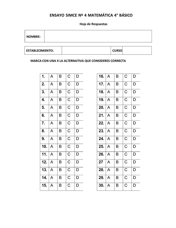 ENSAYO SIMCE 4° BÁSICO MATEMATICA