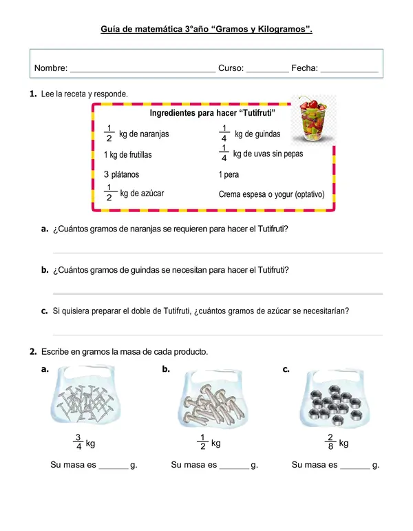 Guía de 3°año "Gramos y Kilogramos"