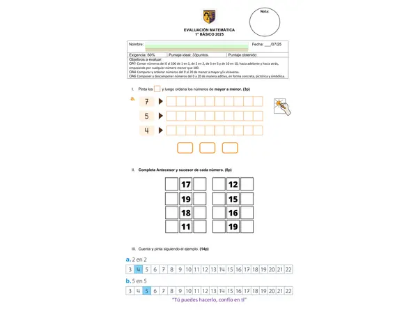 Evaluación Matemática primero básico
