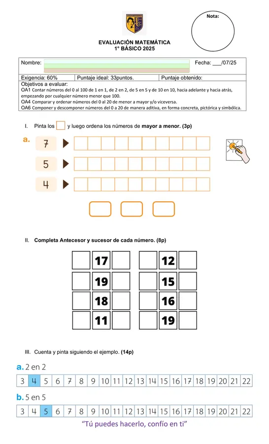 Evaluación Matemática primero básico