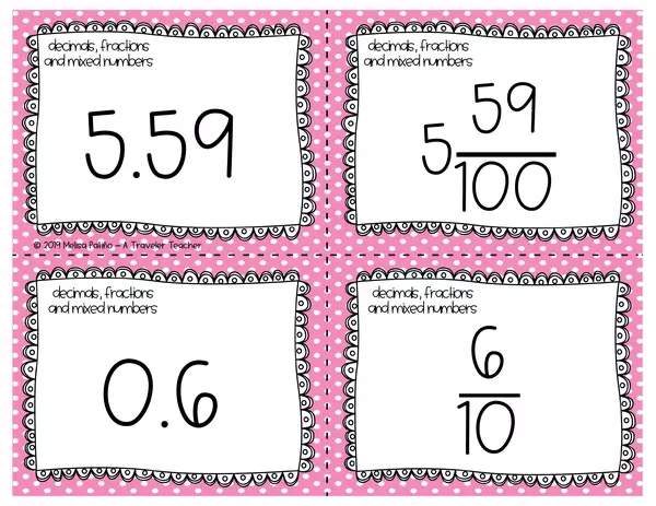 Relate Decimals Fractions and Mixed Numbers Memory Game