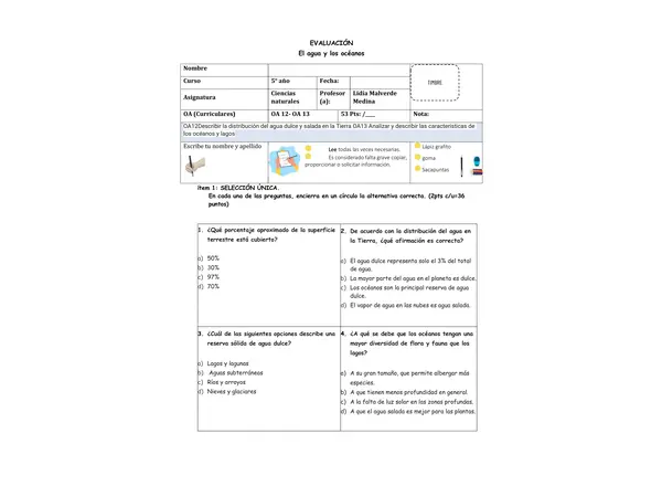 Evaluación: Los lagos y los océanos
