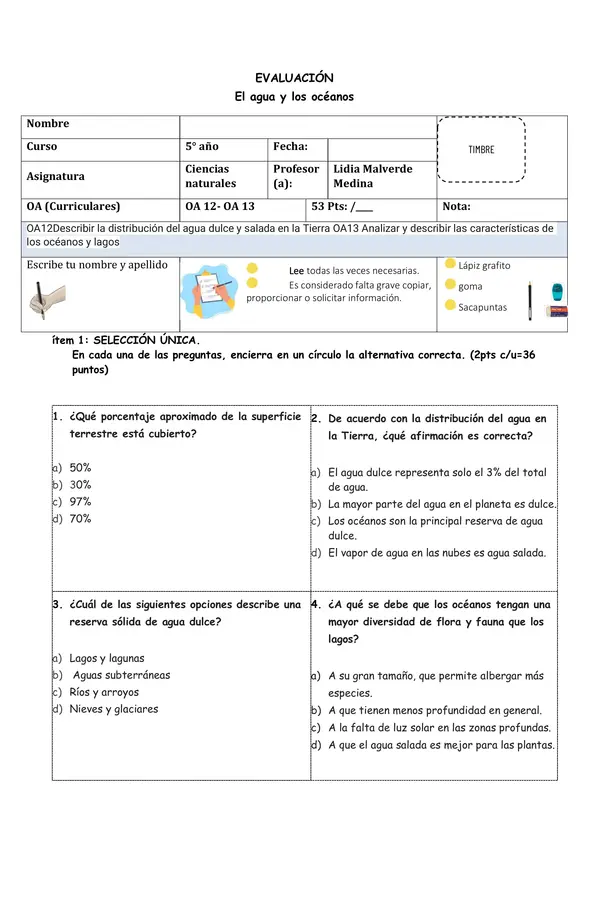 Evaluación: Los lagos y los océanos