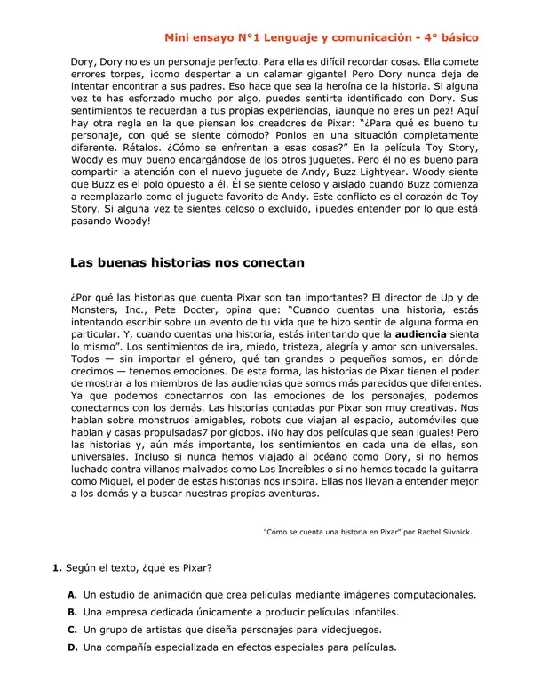 Mini ensayo n°1. SIMCE 4° BÁSICO - Lenguaje y comunicación