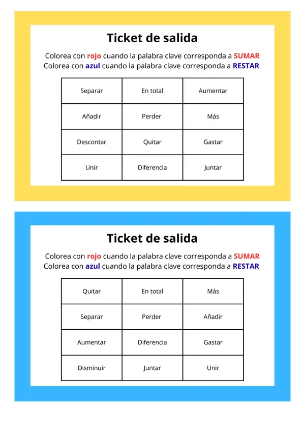 Ticket de salida palabras claves suma y resta 