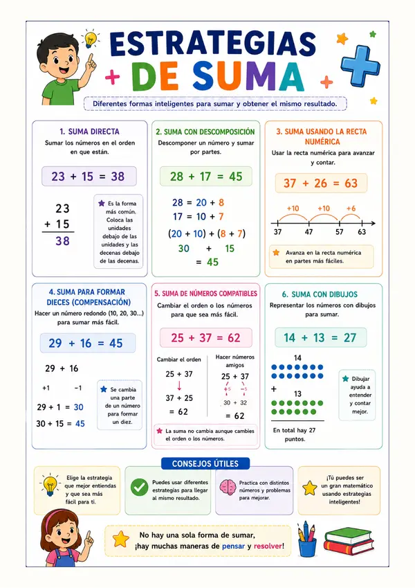 Estrategias de Suma para Niños | Póster Matemático Imprimible | Métodos de Adición Paso a Paso