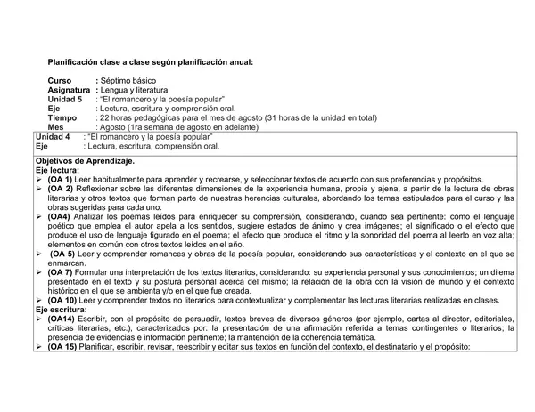 Planificación Clase a Clase para Agosto de la Unidad 5, LENGUAJE, SEPTIMO
