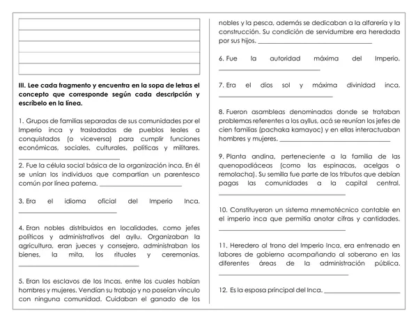 Guía de trabajo - Organización social, política y administrativa Imperio Inca