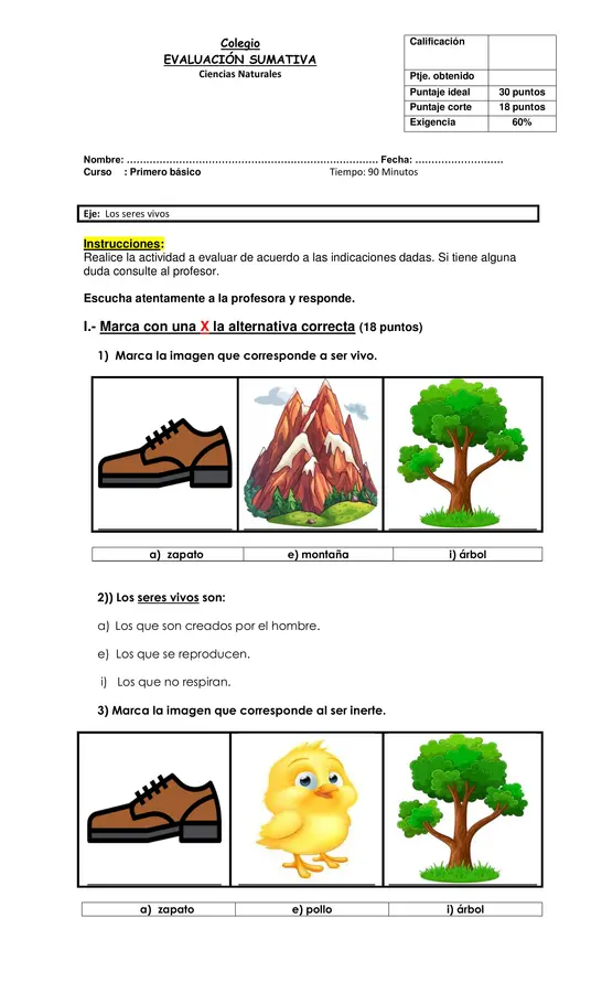 Evaluación sumativa primero básico de ciencias naturales.