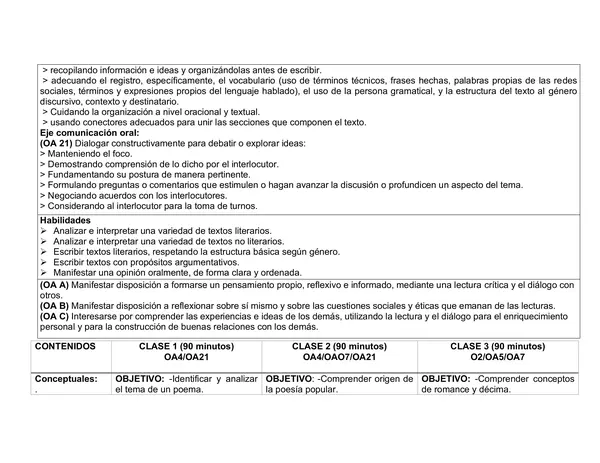 Planificación Clase a Clase para Agosto de la Unidad 5, LENGUAJE, SEPTIMO