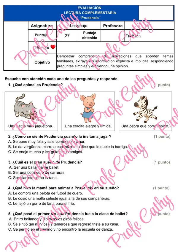 Evaluación comprensión lectora "Prudencia"