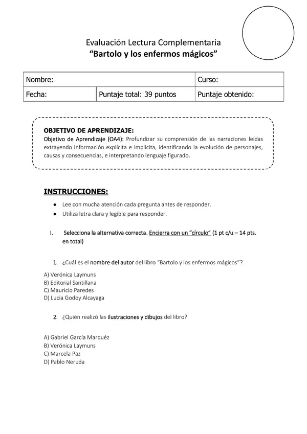 Evaluación de lectura complementaria "Bartolo y los enfermos mágicos"