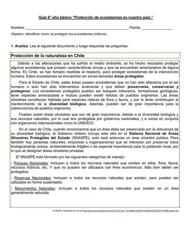 Guía "Protección ecosistemas de Chile" 6° año básico.