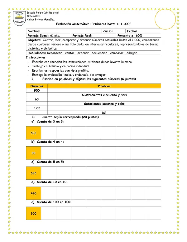 Evaluación Números hasta el 1.000