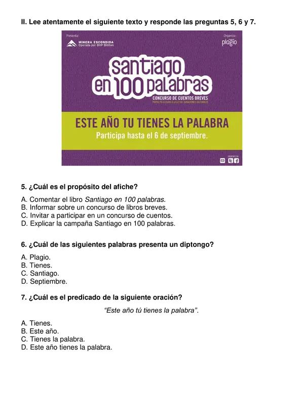 Evaluación de lenguaje, segundo semestre, tipo SIMCE, 2°año básico.