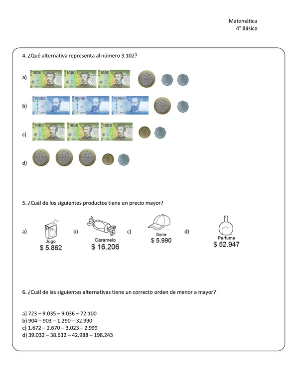 ENSAYO SIMCE 4° BÁSICO MATEMATICA