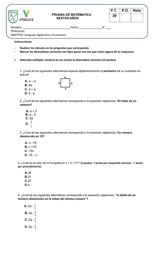 Prueba Álgebra 6°