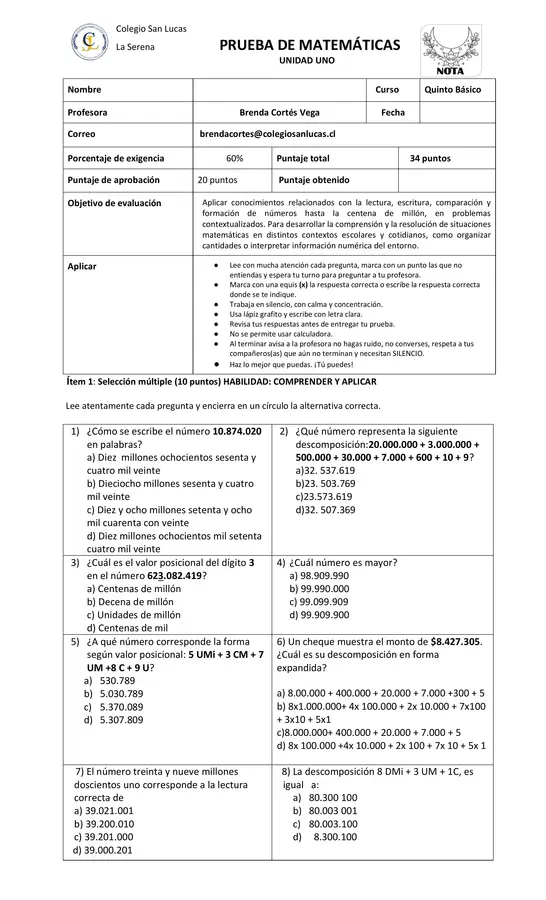 evaluacion unidad uno grandes números
