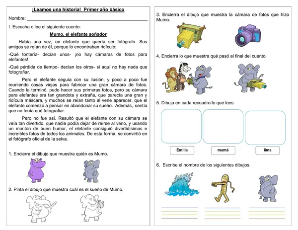 Guía comprensión lectora 1° año "Mumo" (letra M y L)