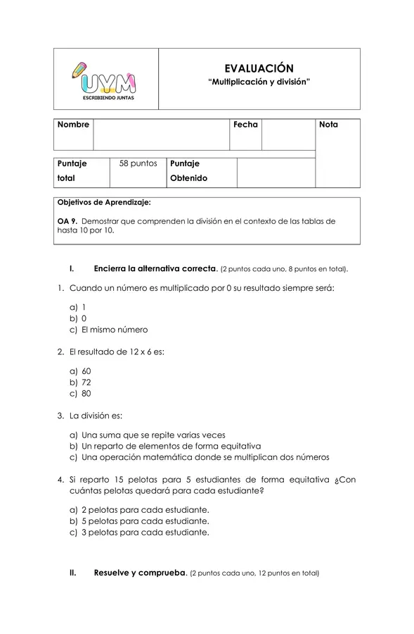 evaluación matemática "multiplicación y división"