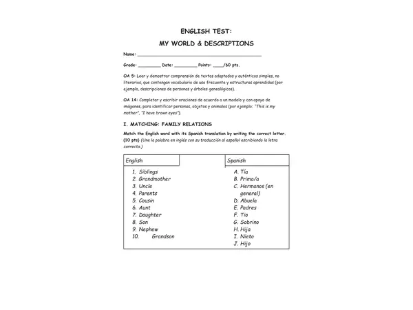 Prueba unidad 1: My world and descriptions 5to básico