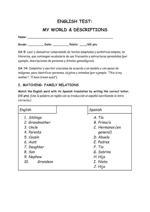 Prueba unidad 1: My world and descriptions 5to básico
