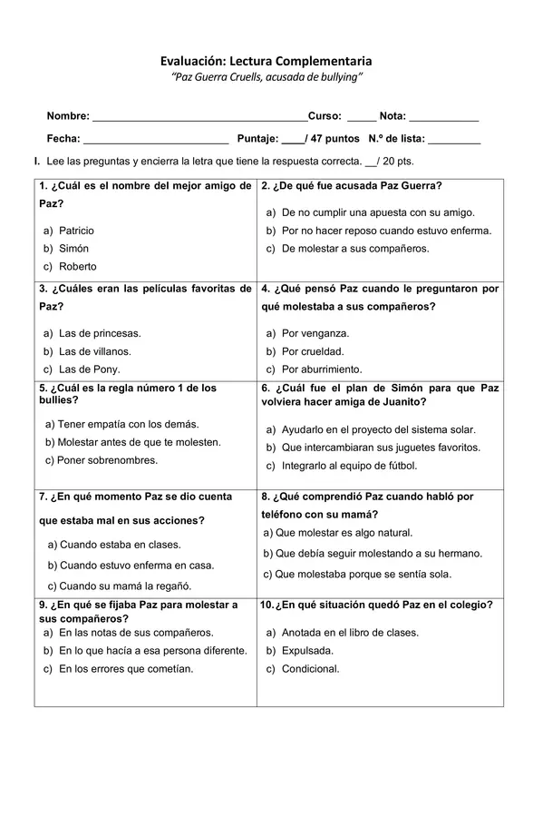 Prueba de lectura complementaria "Paz Guerra Cruells, acusada de bullying"